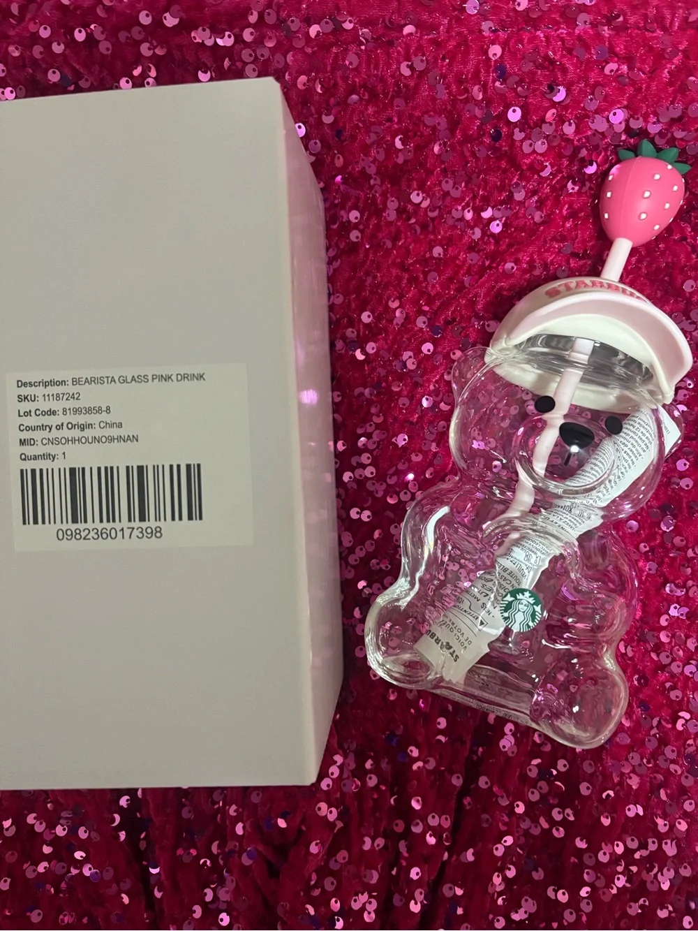 Starbucks Pink Bearista Glass Tumbler with Strawberry Top Straw